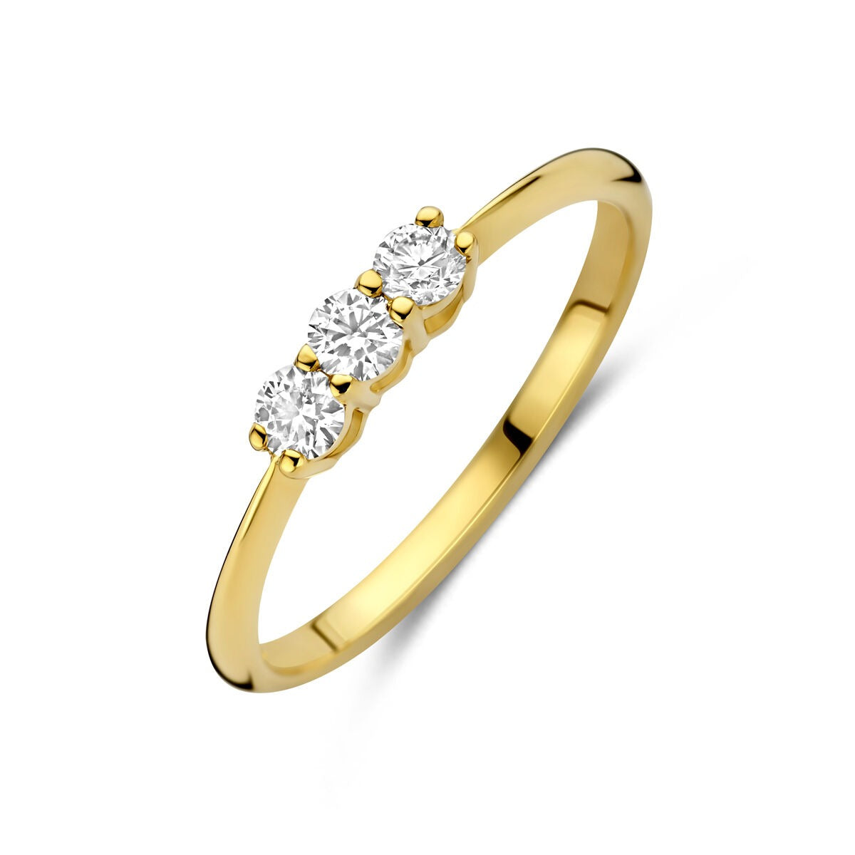 Ring aus 14k Gelbgold mit drei runden, funkelnden lab-grown Diamanten