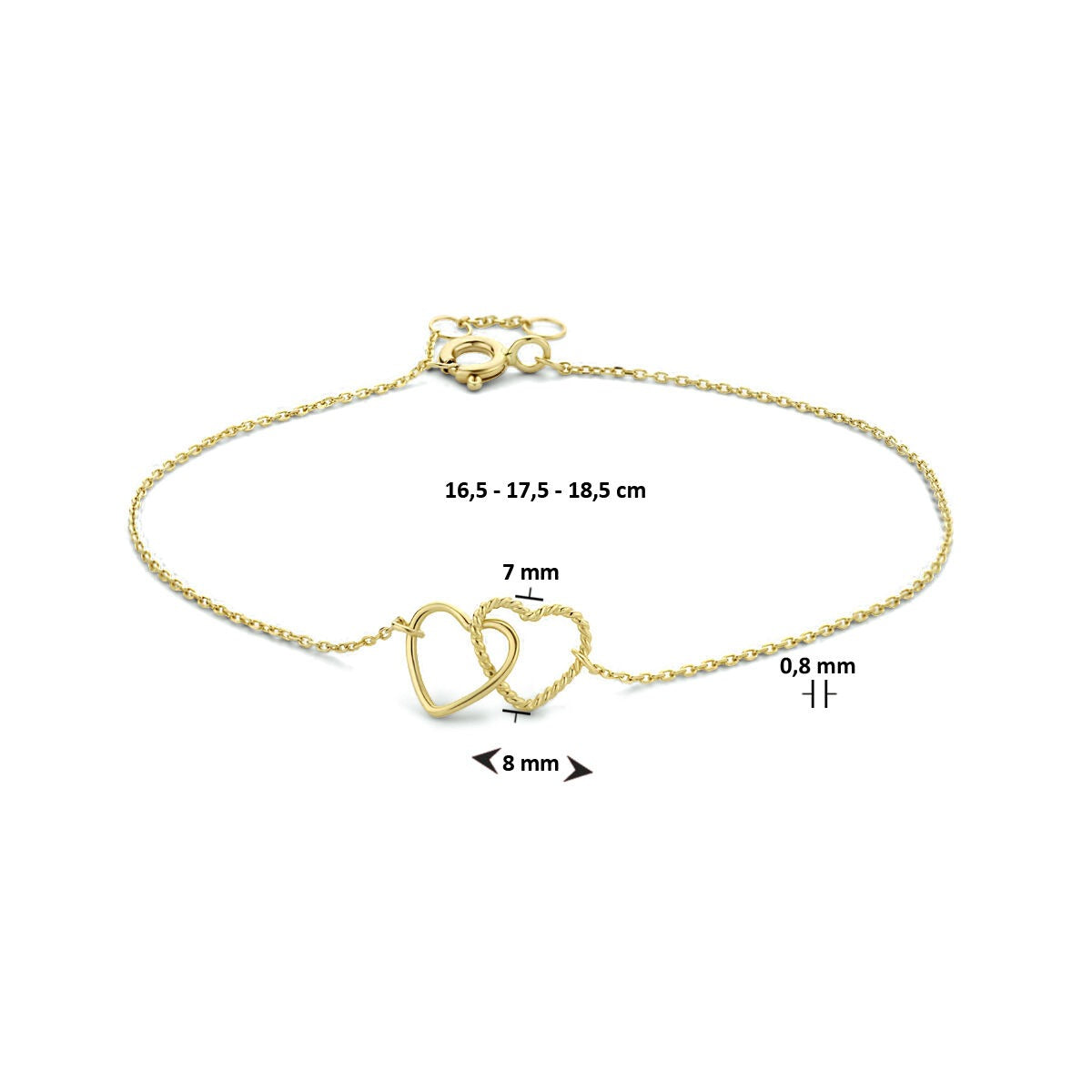 9k Geelgouden dames armband met dubbele hartjes