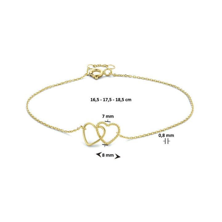 9k Geelgouden dames armband met dubbele hartjes