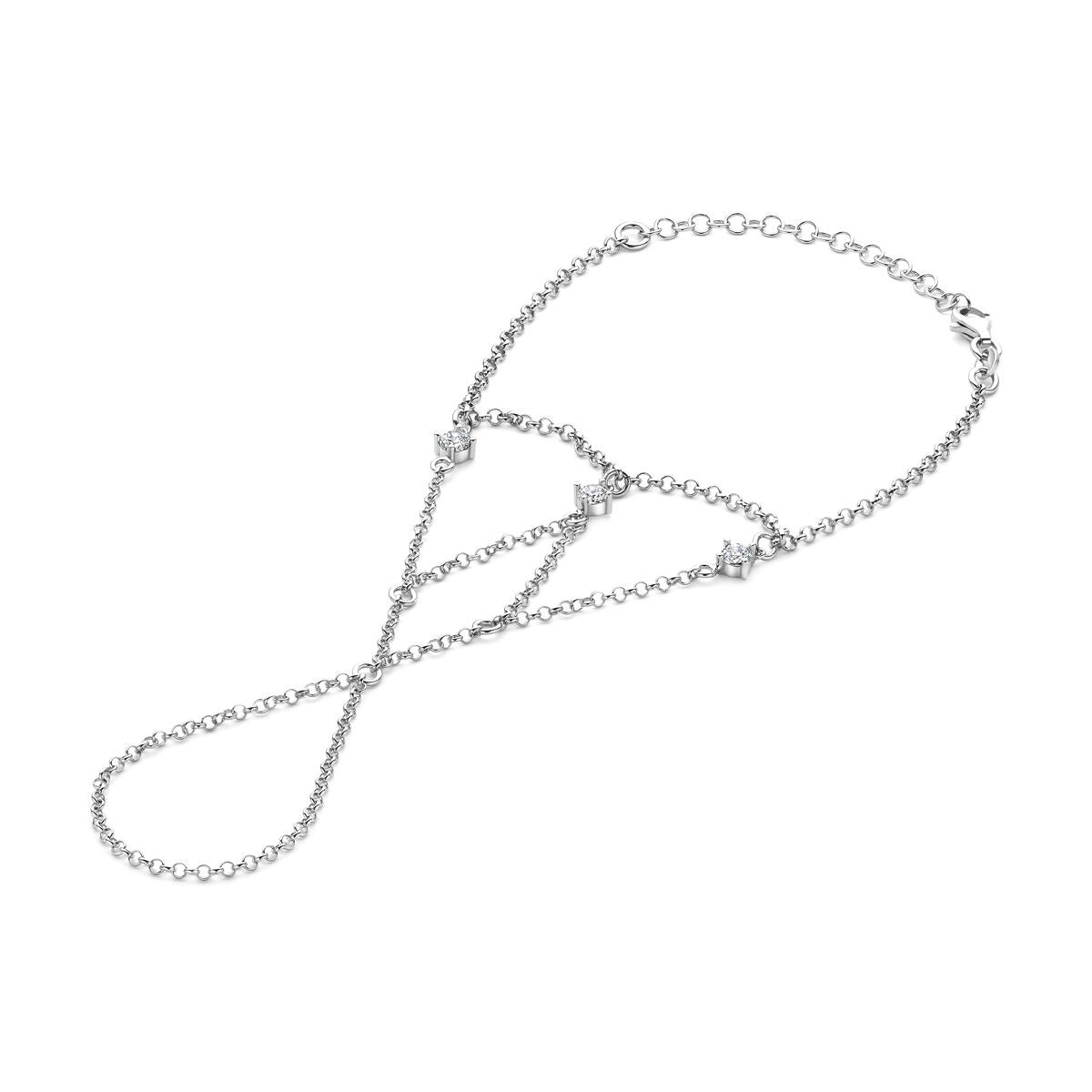 Gerhodiniertes silbernes Handschmuckstück mit Zirkonia-Steinen und feiner Gliederkette
