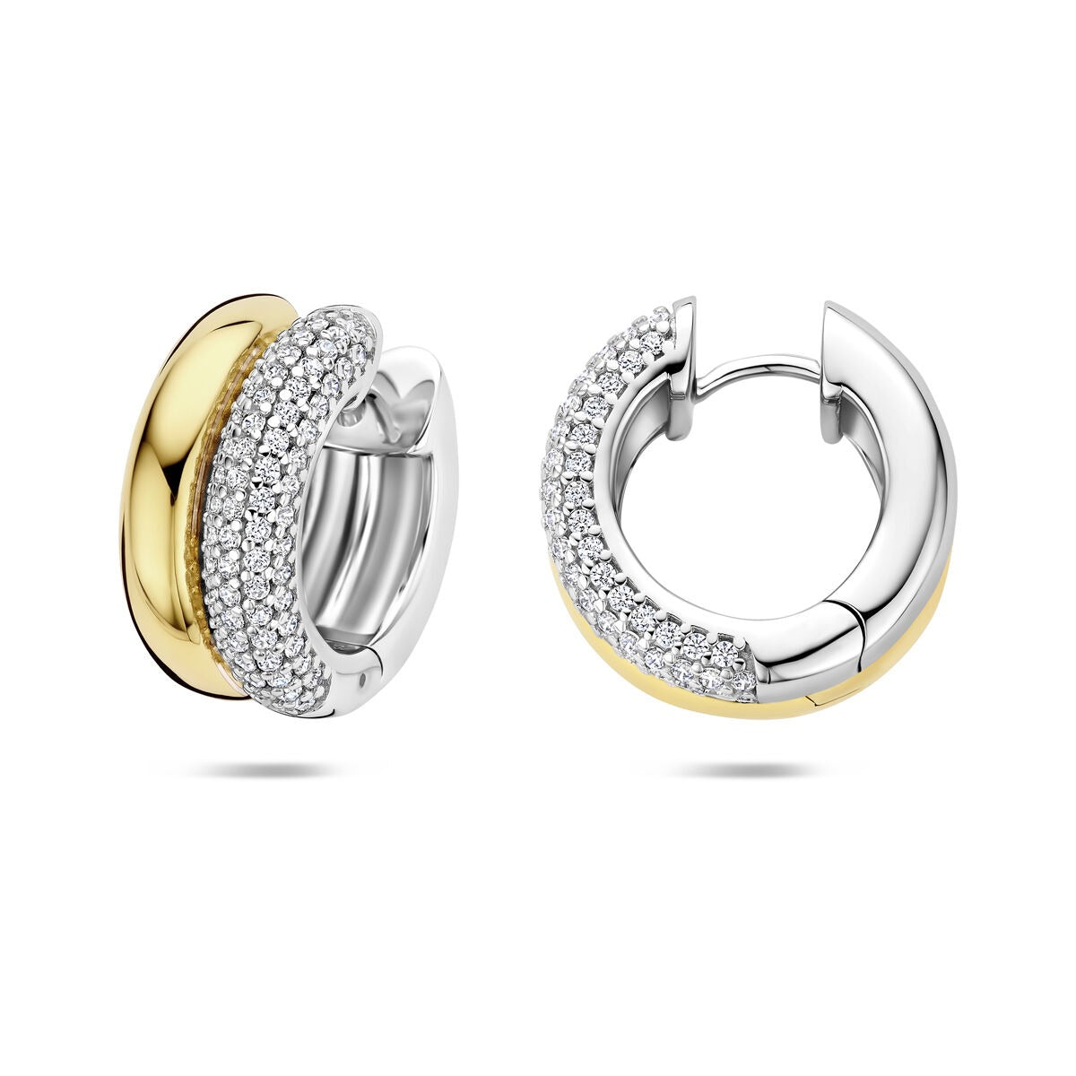 Vergoldete silberne Ohrringe Damen mit Zirkonia – Bicolor Klappcreolen 17.5 mm