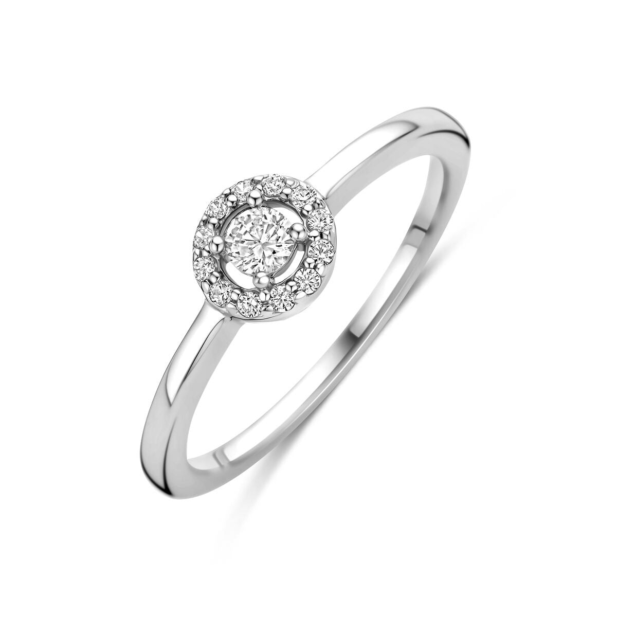 Solitaire Ring aus rhodiniertem Silber mit rundem Zirkonia-Besatz in der Mitte