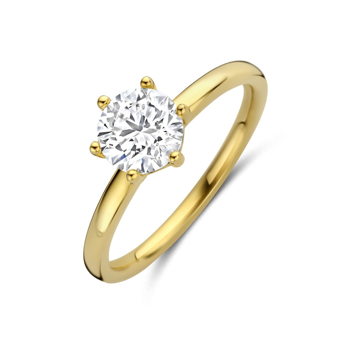Damenring aus 14k Gelbgold mit rundem lab-grown Diamanten in sechspunktiger Fassung