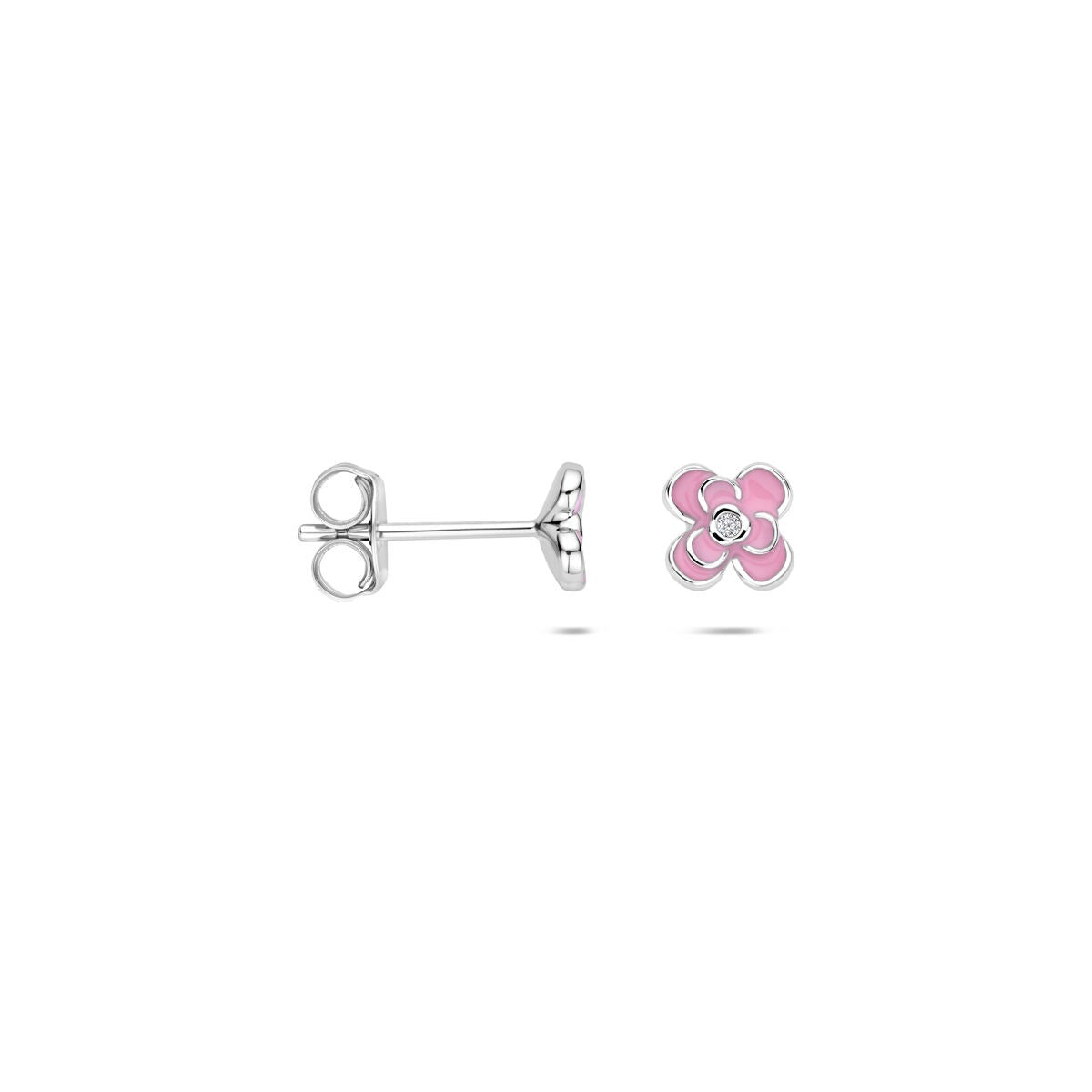 Silberne Ohrstecker mit Zirkonia und rosa Emaille – Blumendesign