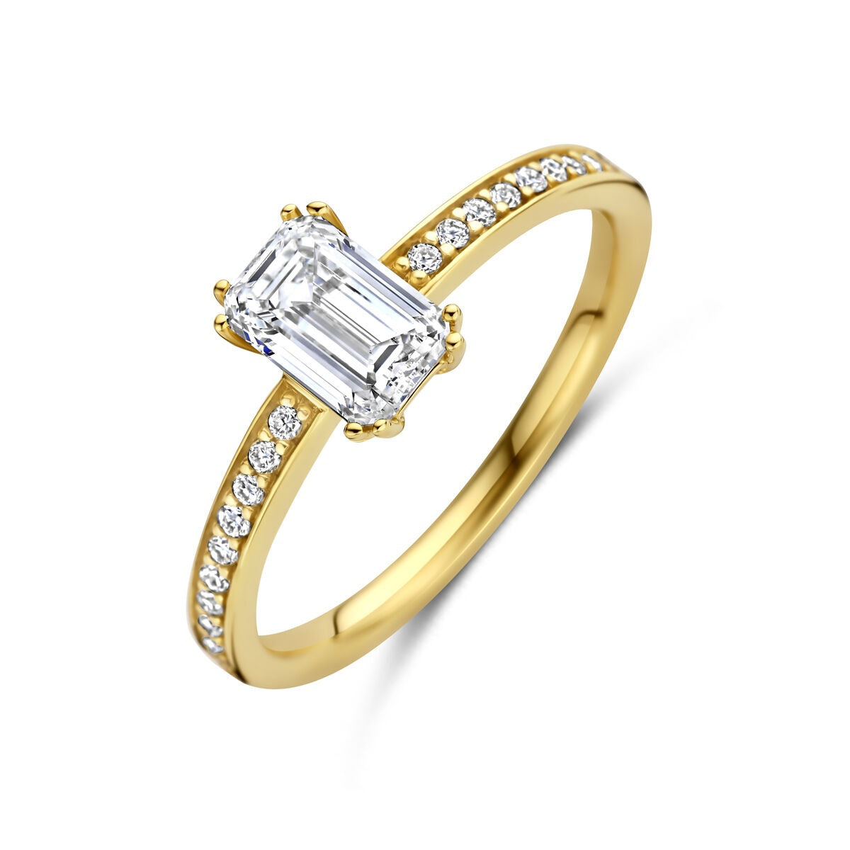 Damenring aus 14k Gelbgold mit lab-grown Diamant und kleinen Zirkonia-Steinen am Ringband