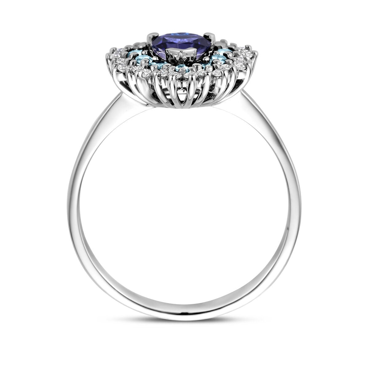 Weißgoldring mit Herzform – London Blue Topas, Iolith und Diamant