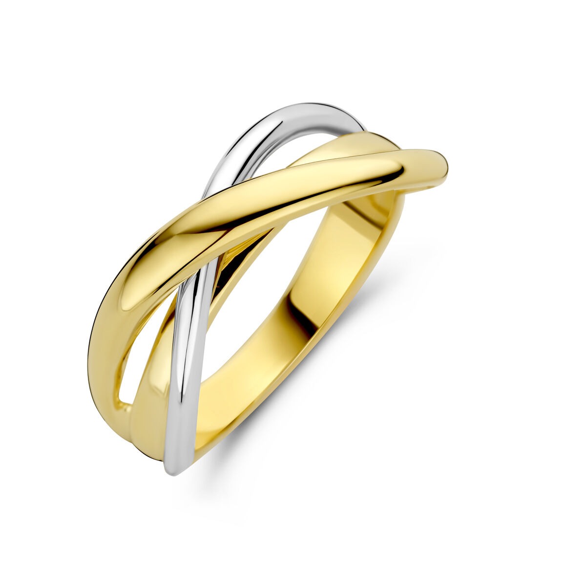 Bicolor Damenring aus 14k Gelb- und Weißgold, 8,5 mm breit, mit geschwungenem Design