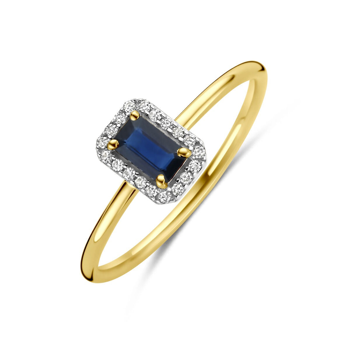 Ring aus 14 Karat Gold mit rechteckigem Saphir und Diamanten um das Zifferblatt