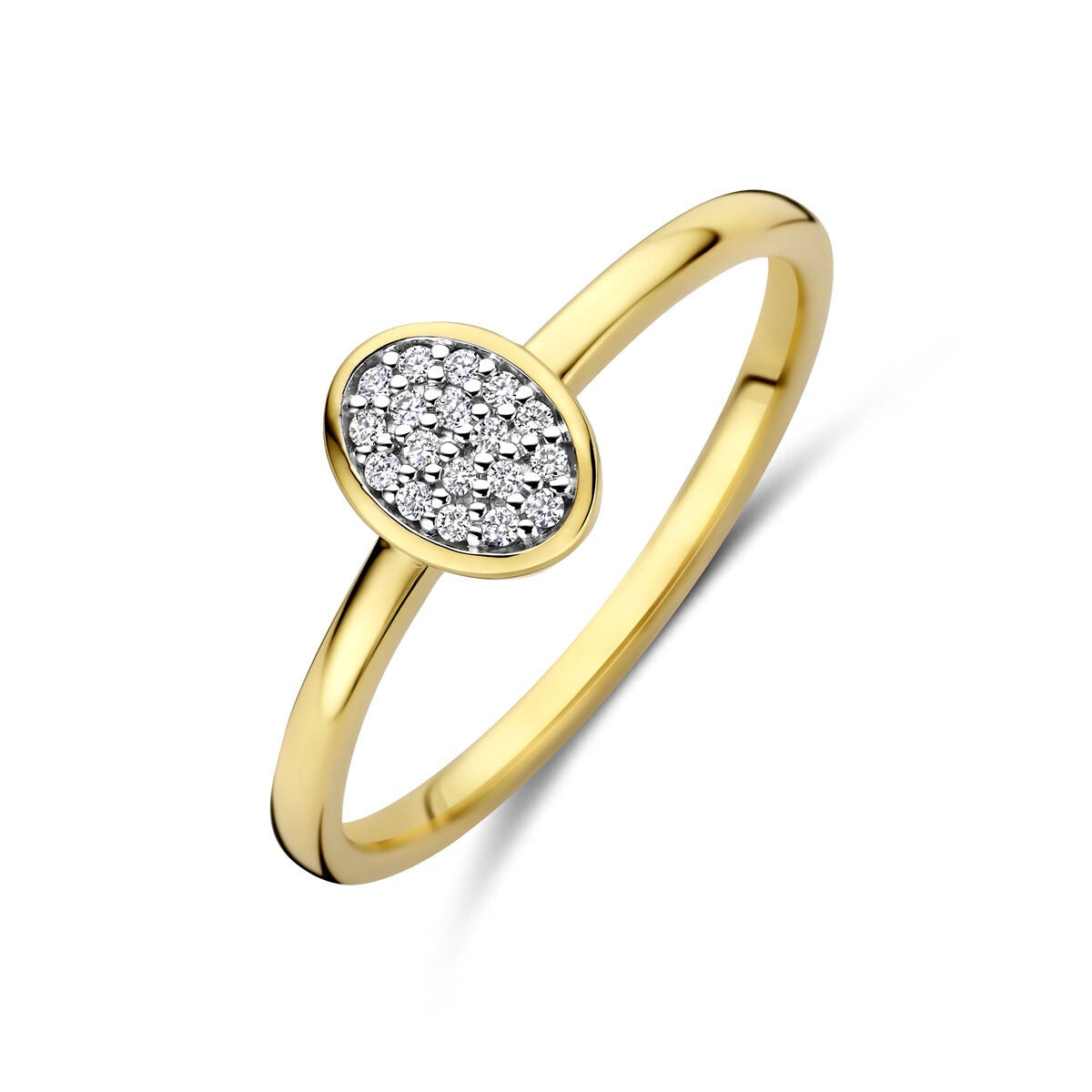 Ring aus 14k Gelbgold mit ovalem, diamantbesetztem Element