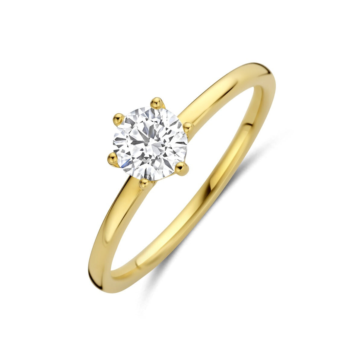 Damenring aus 14k Gelbgold mit rundem, lab-grown Diamanten in klassischer Krappenfassung