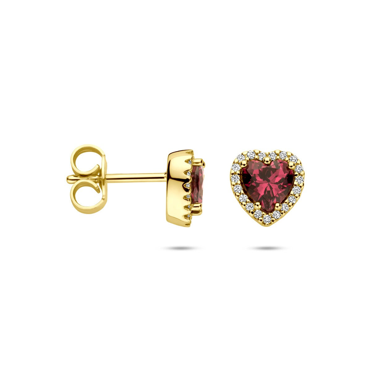 Ohrstecker aus 14 Karat Gelbgold mit Rhodolith-Herz und Diamant – 0,10 Karat