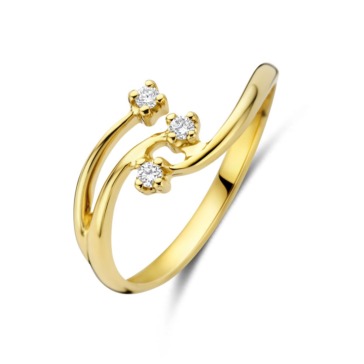 Ring aus 14k Gelbgold mit drei lab-grown Diamanten in einer geschwungenen Anordnung
