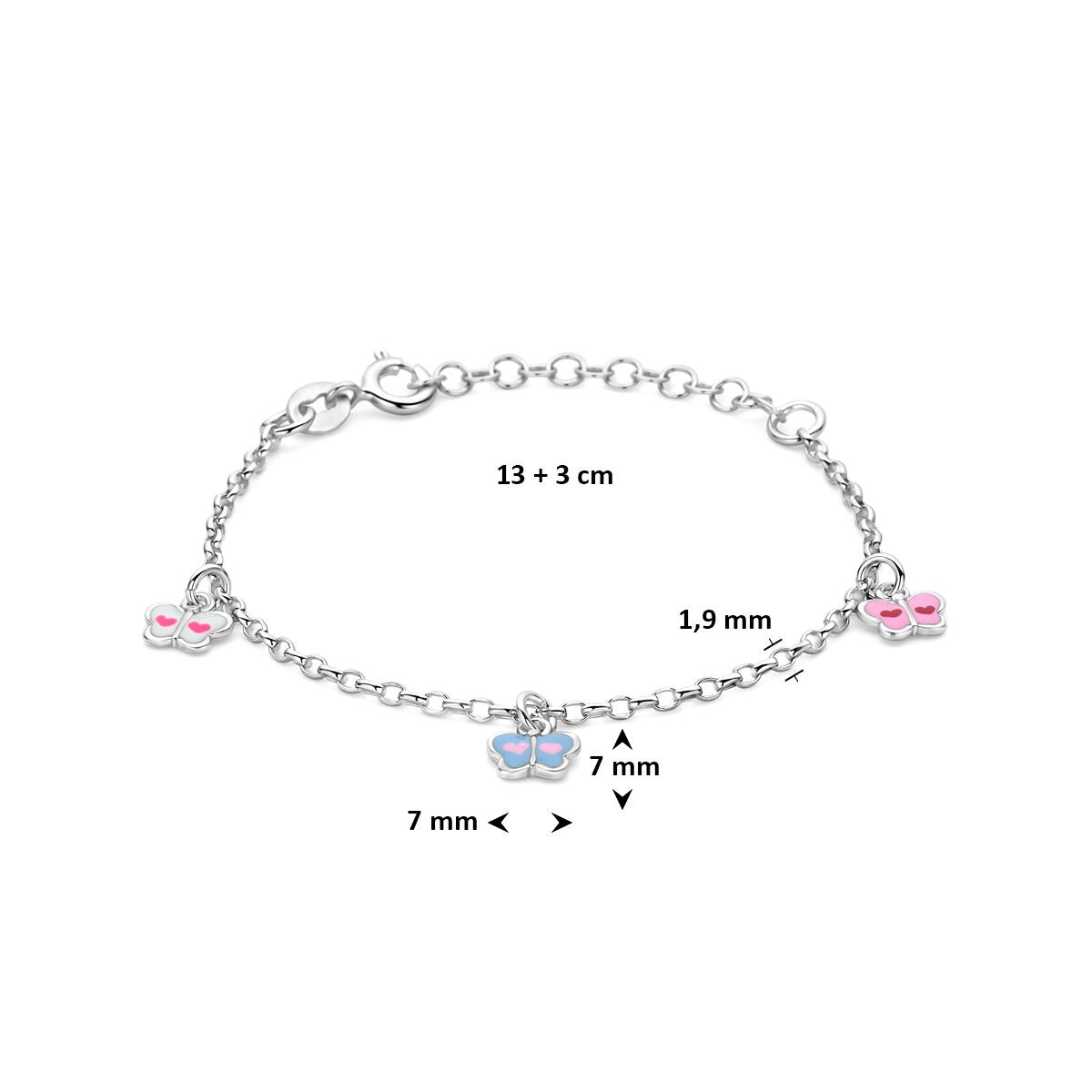 Rhodiniertes 925er Sterlingsilber Kinderarmband mit Schmetterlingen und Emaille