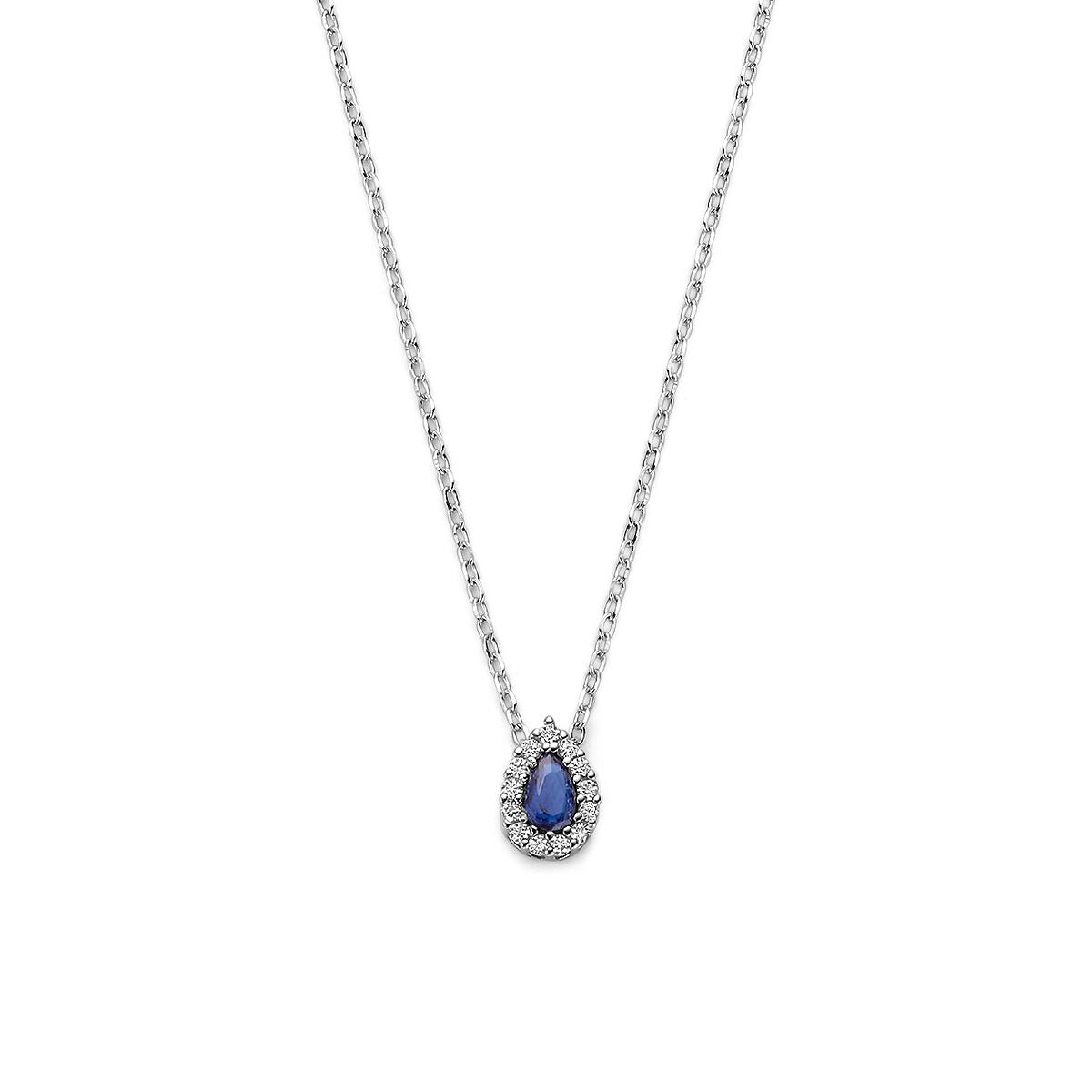 Halskette aus rhodiniertem 925 Silber mit tropfenförmigem Saphir und Zirkonia-Steinen