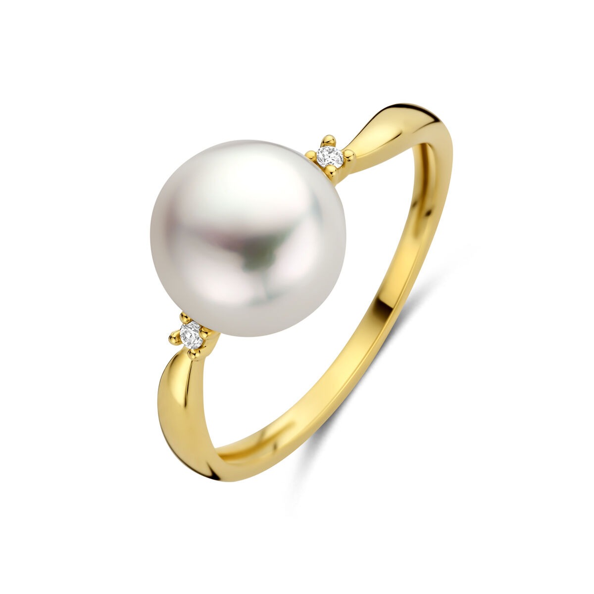 Damenring aus 14k Gelbgold mit einer großen Perle und zwei kleinen Diamanten