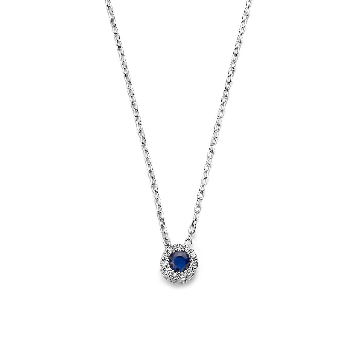 Collier aus rhodiniertem Silber mit blauem Saphir und Zirkonia im runden Anhänger