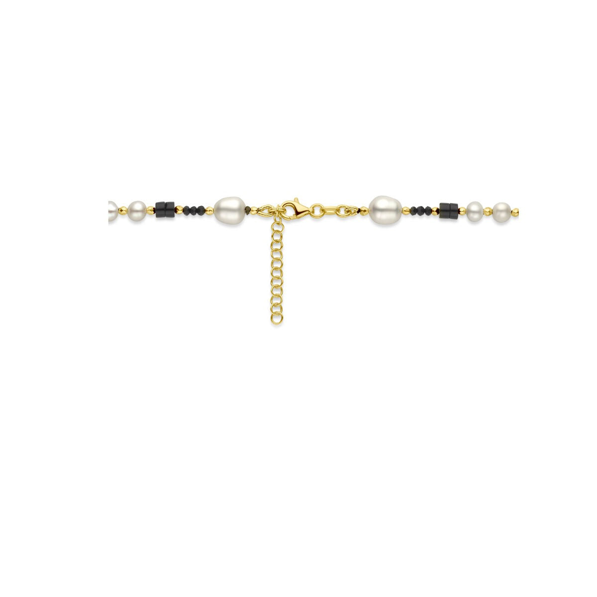 Goldfarbene, vergoldete Damenhalskette aus Silber mit Perlen und Onyx