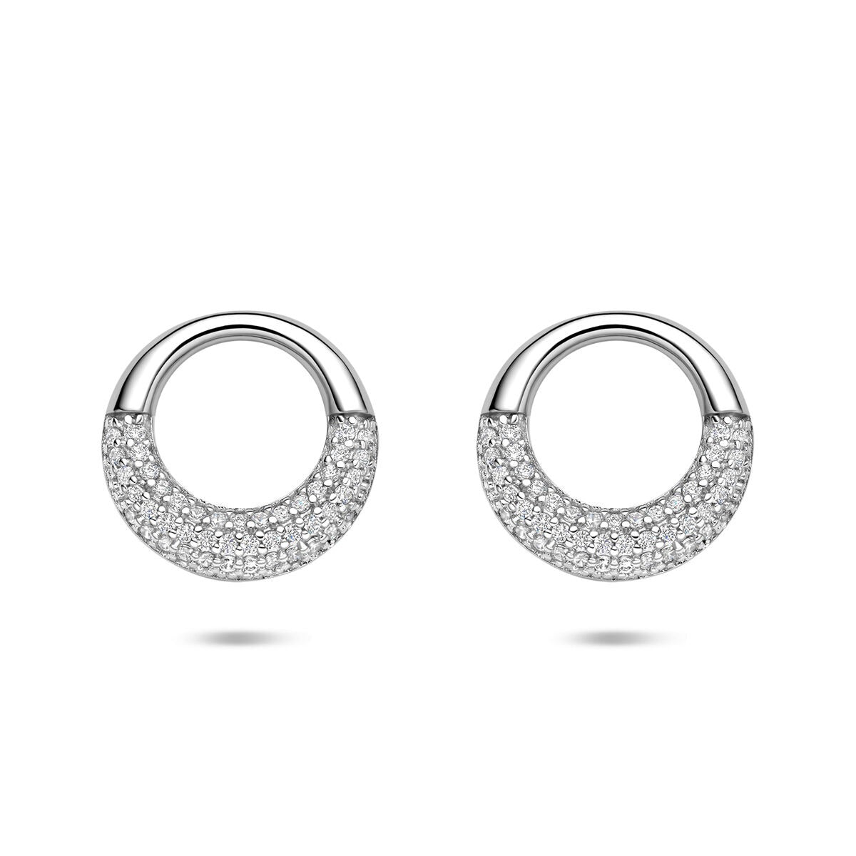 Silberne Ohrstecker mit Zirkonia-Pavé-Besatz aus rhodiniertem 925 Silber in halbrunder Form