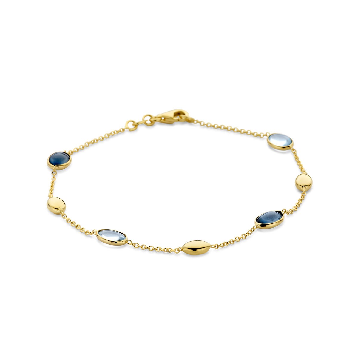 Armband aus 14k Gelbgold mit sky blue und London blue Topasen in ovaler Form