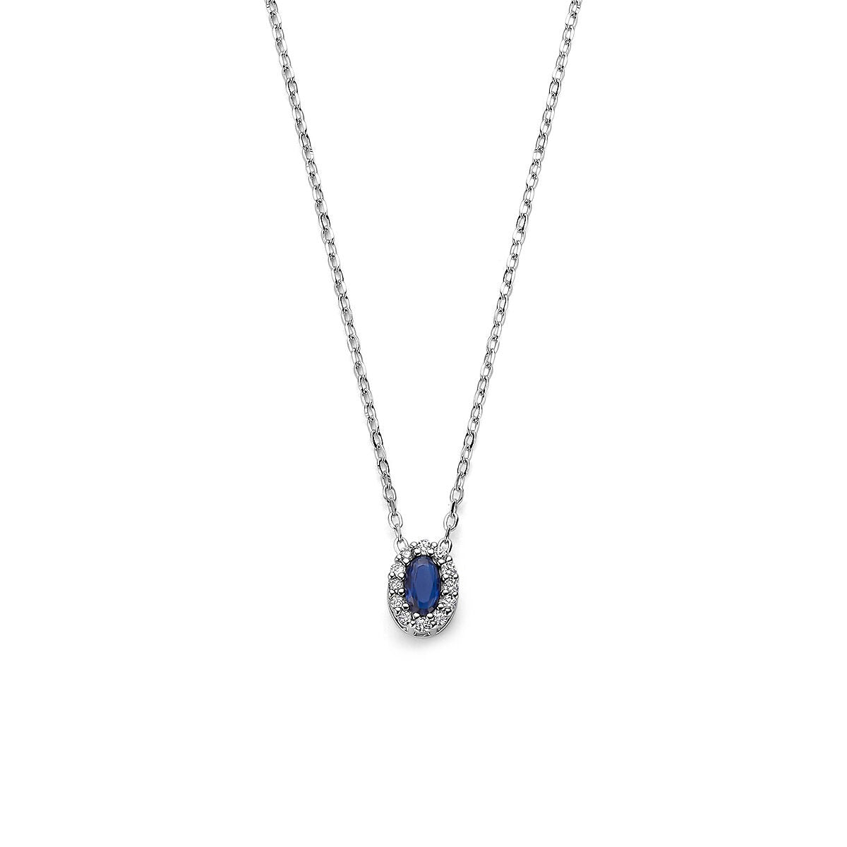 Halskette aus rhodiniertem 925 Silber mit ovalem Saphir und Zirkonia-Steinen