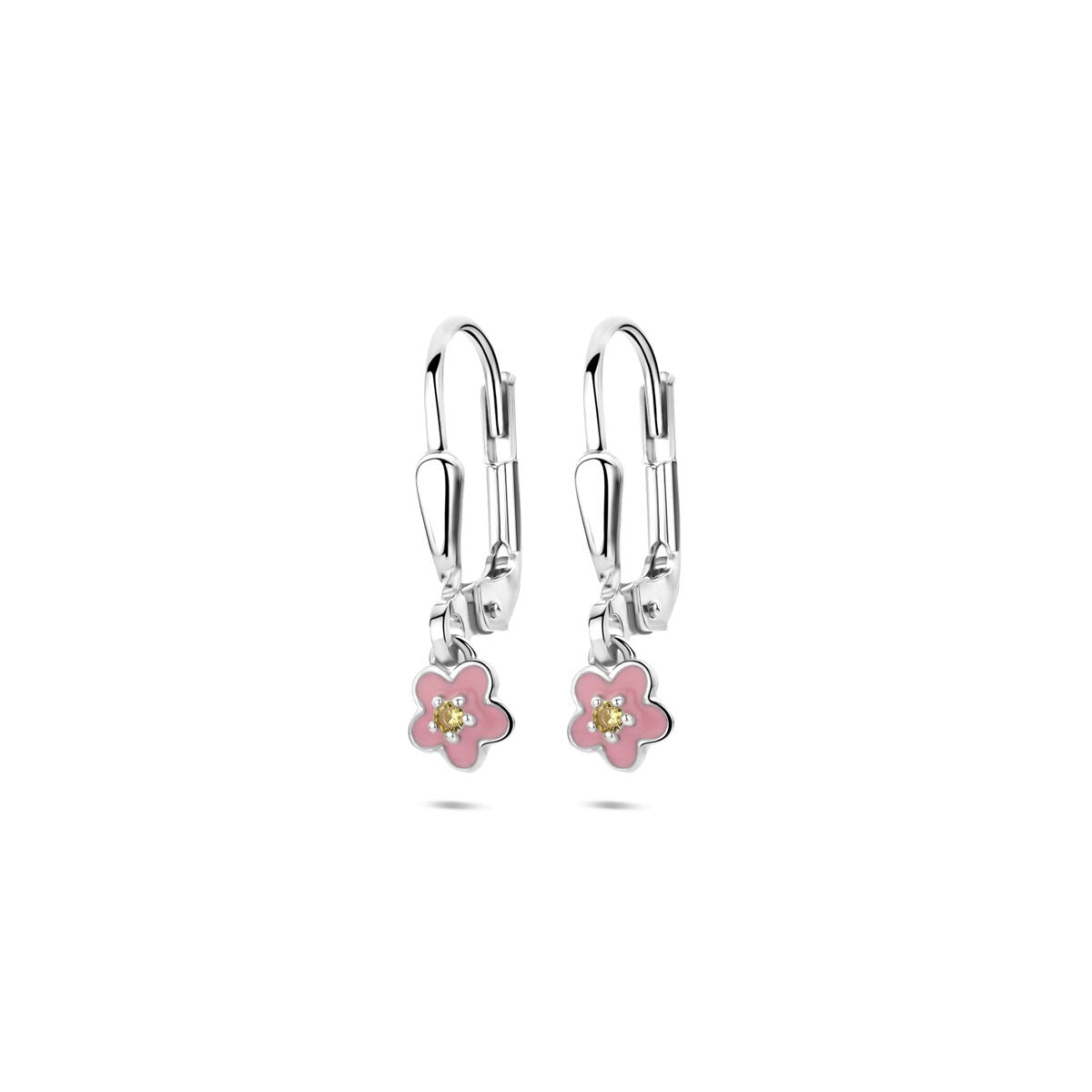 Silberne Ohrhänger mit emaillierter Blume in Pink und gelben Zirkonia, 19 mm lang