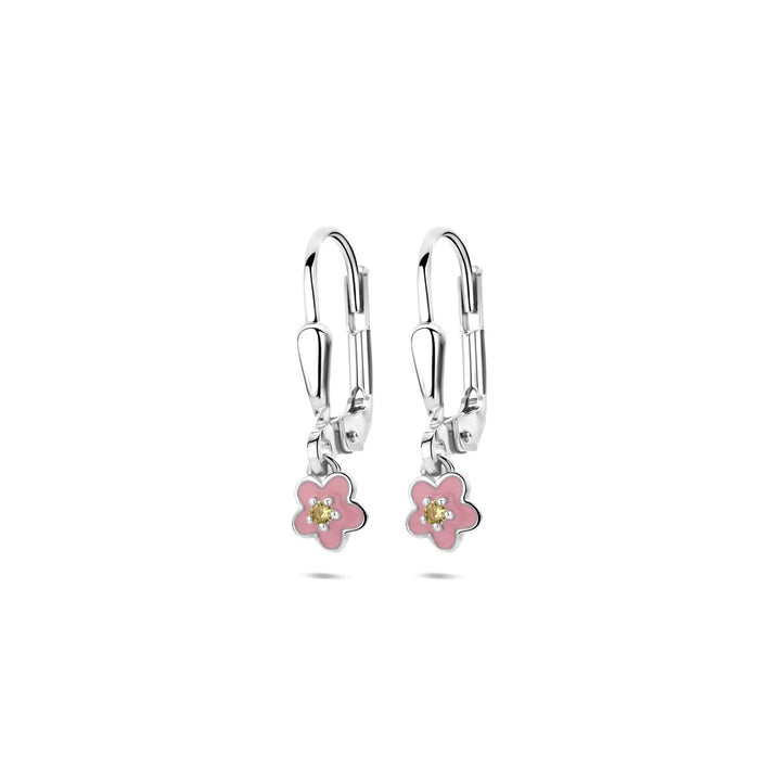 Zilveren oorhangers met emaille bloem en gele zirkonia – 19 mm
