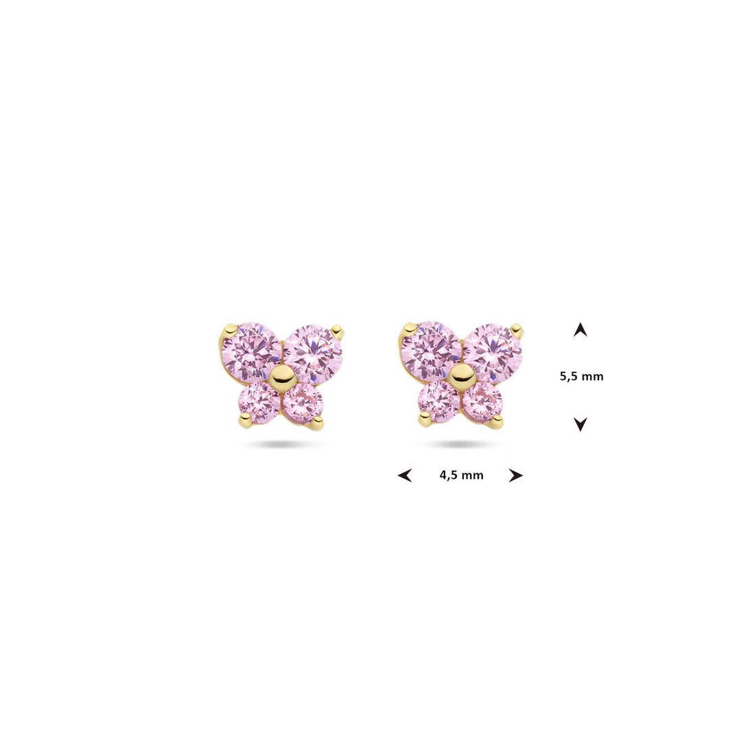 Schmetterlings-Ohrstecker mit rosa Zirkonia aus 14-karätigem Gelbgold