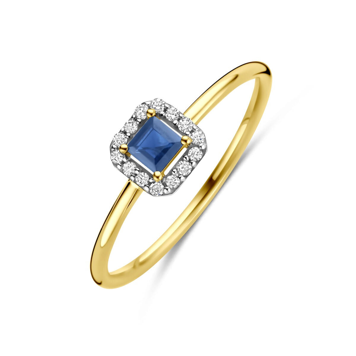 Ring aus 14 Karat Gold mit quadratischem Saphir und umgeben von Diamanten
