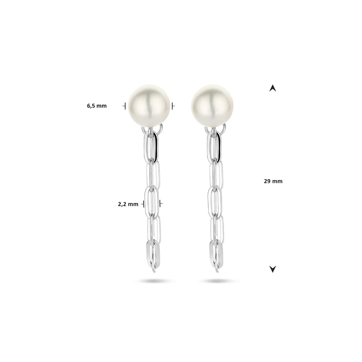 Ohrstecker mit 6,5 mm großer Perle und rhodiniertem Silber, mit länglicher Kette von 29 mm