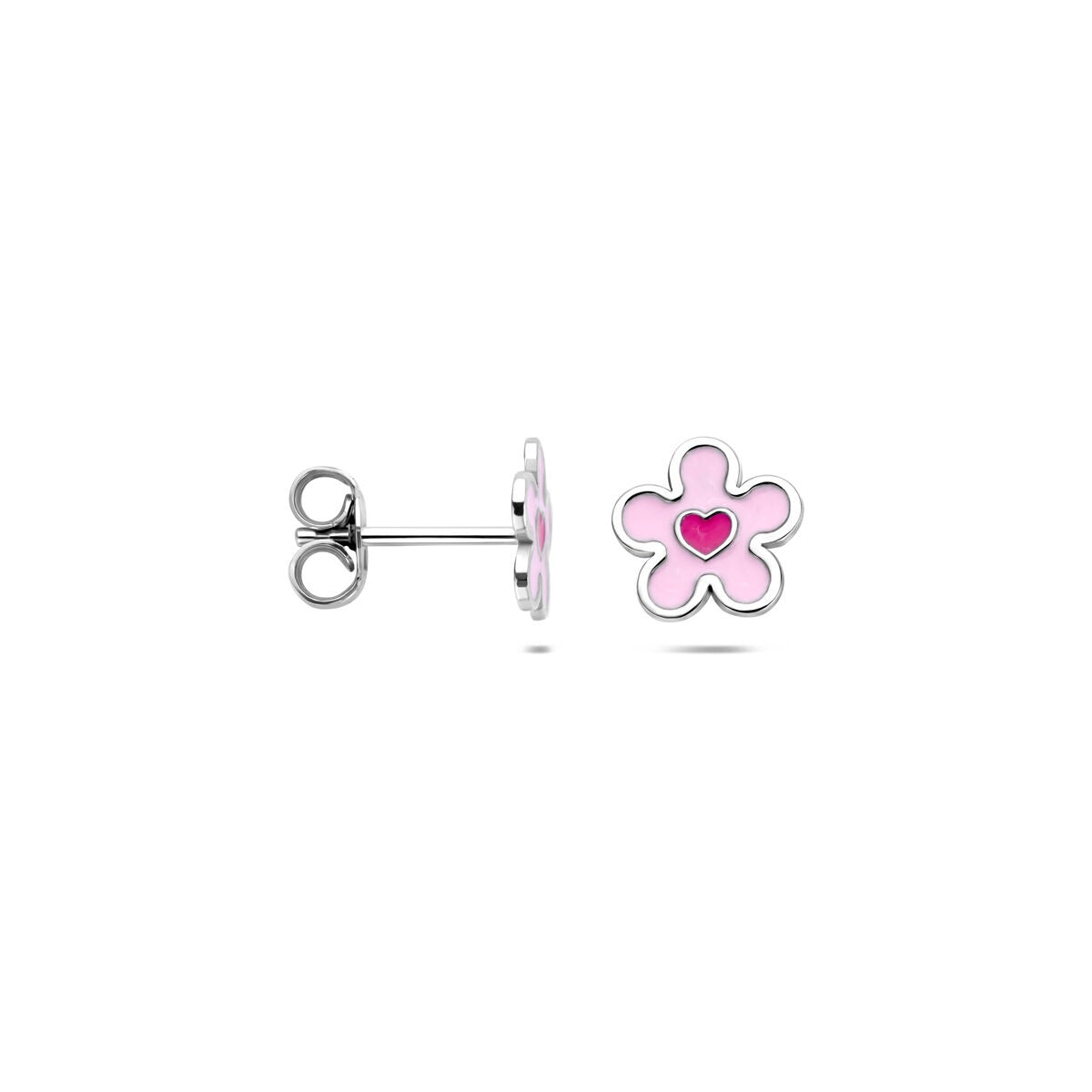 Rhodinierte Ohrstecker aus 925er Silber, Blume und Herz