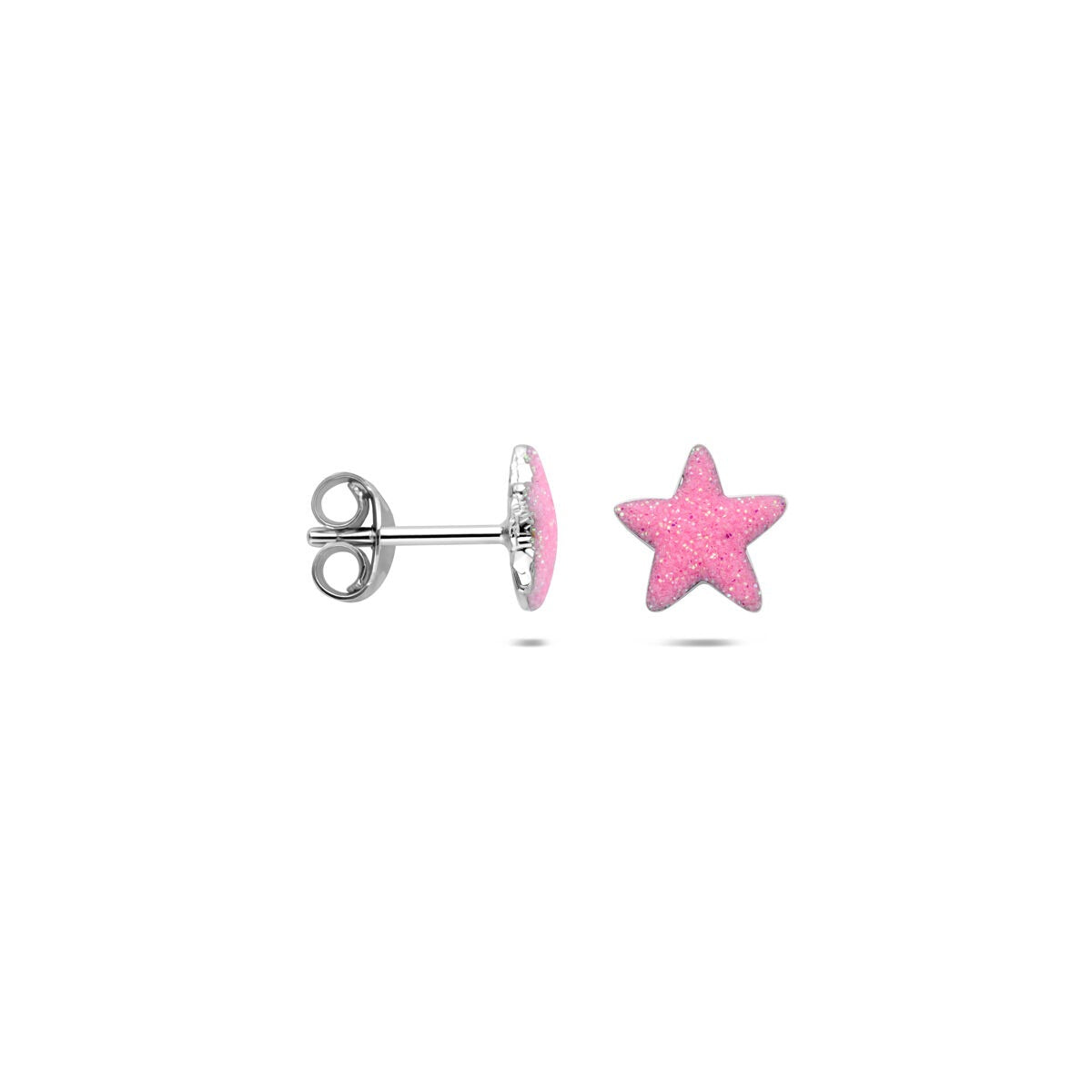 Rhodinierte 925er Silber Kinder-Ohrstecker Stern mit rosa Emaille