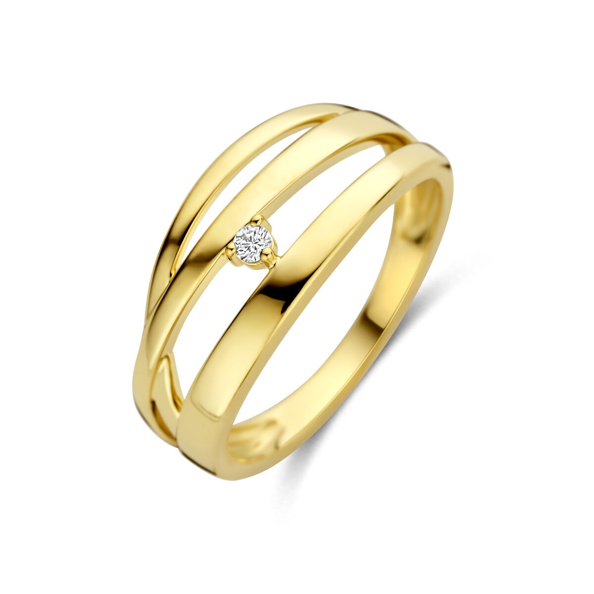 Damenring aus 14k Gelbgold mit drei schmalen Streifen und einem kleinen Diamanten