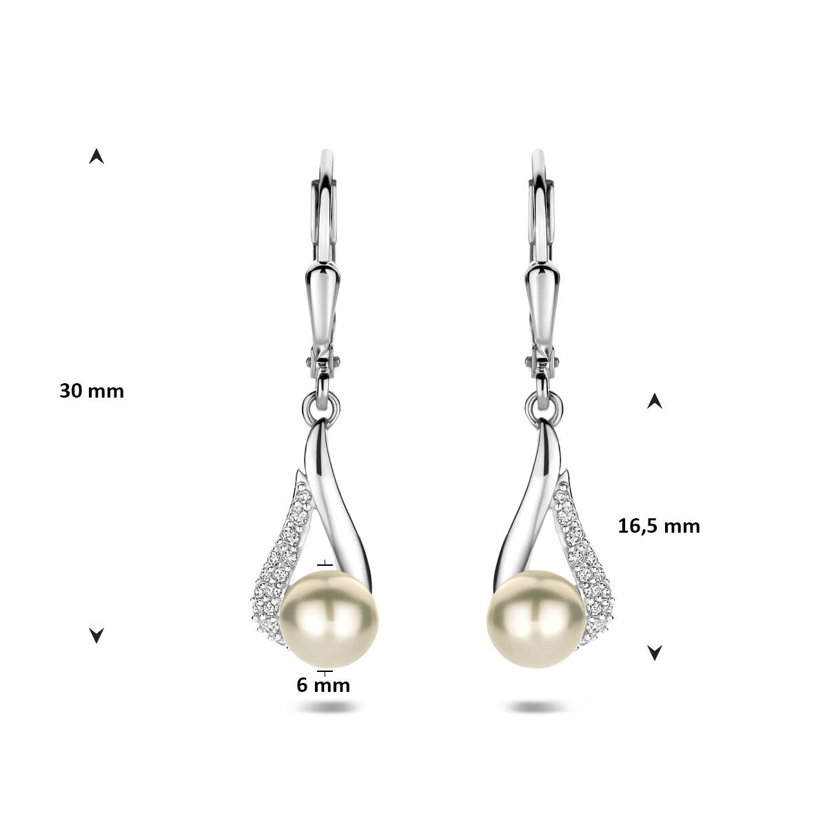 Silberne Ohrhänger mit Perle und Zirkonia – rhodiniertes 925er Silber 30 mm