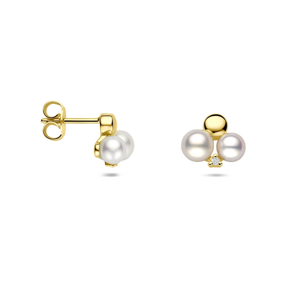 Goldohrringe mit Perle und Diamant – 14k Damen-Ohrstecker 0.02ct (2x 0.01ct) h si 9 mm
