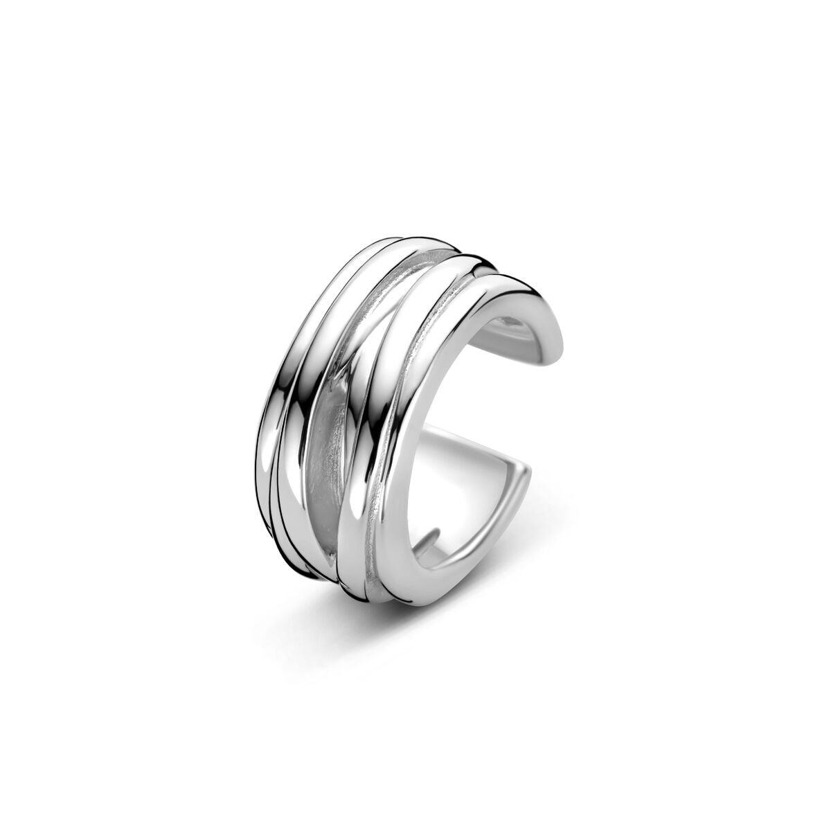 Gerhodinierter silberner Ear Cuff für Damen mit drei geschwungenen Ringen