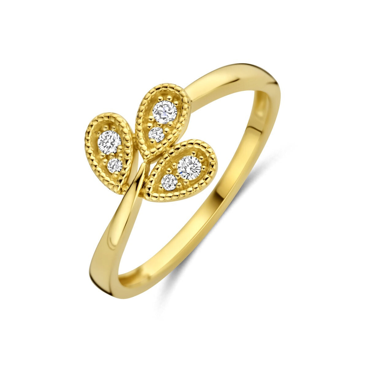 Damenring aus 14k Gelbgold mit drei blattförmigen Elementen und funkelnden Diamanten