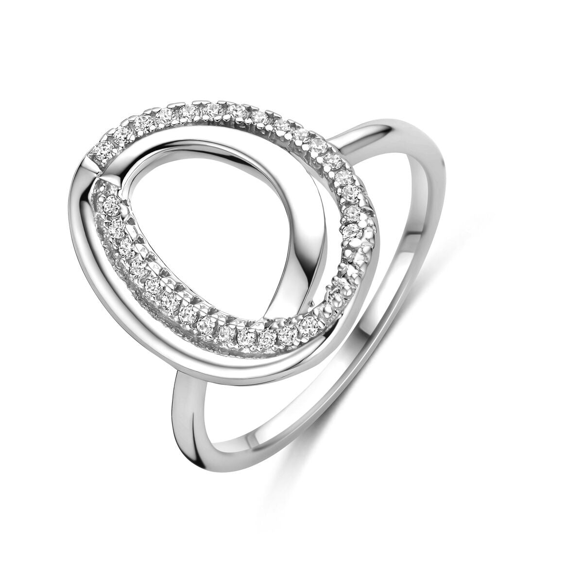 Breite Damenring aus Silber mit Zirkonia, 16 mm, geschwungenes Design und funkelnden Steinen
