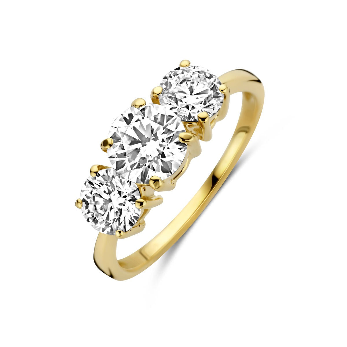 Ring aus 14k Gelbgold mit drei runden, funkelnden lab-grown Diamanten