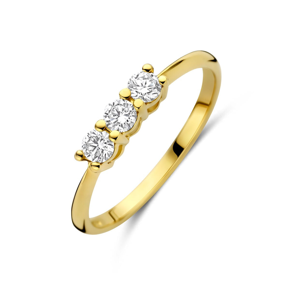 Ring aus 14k Gelbgold mit drei runden, funkelnden lab-grown Diamanten