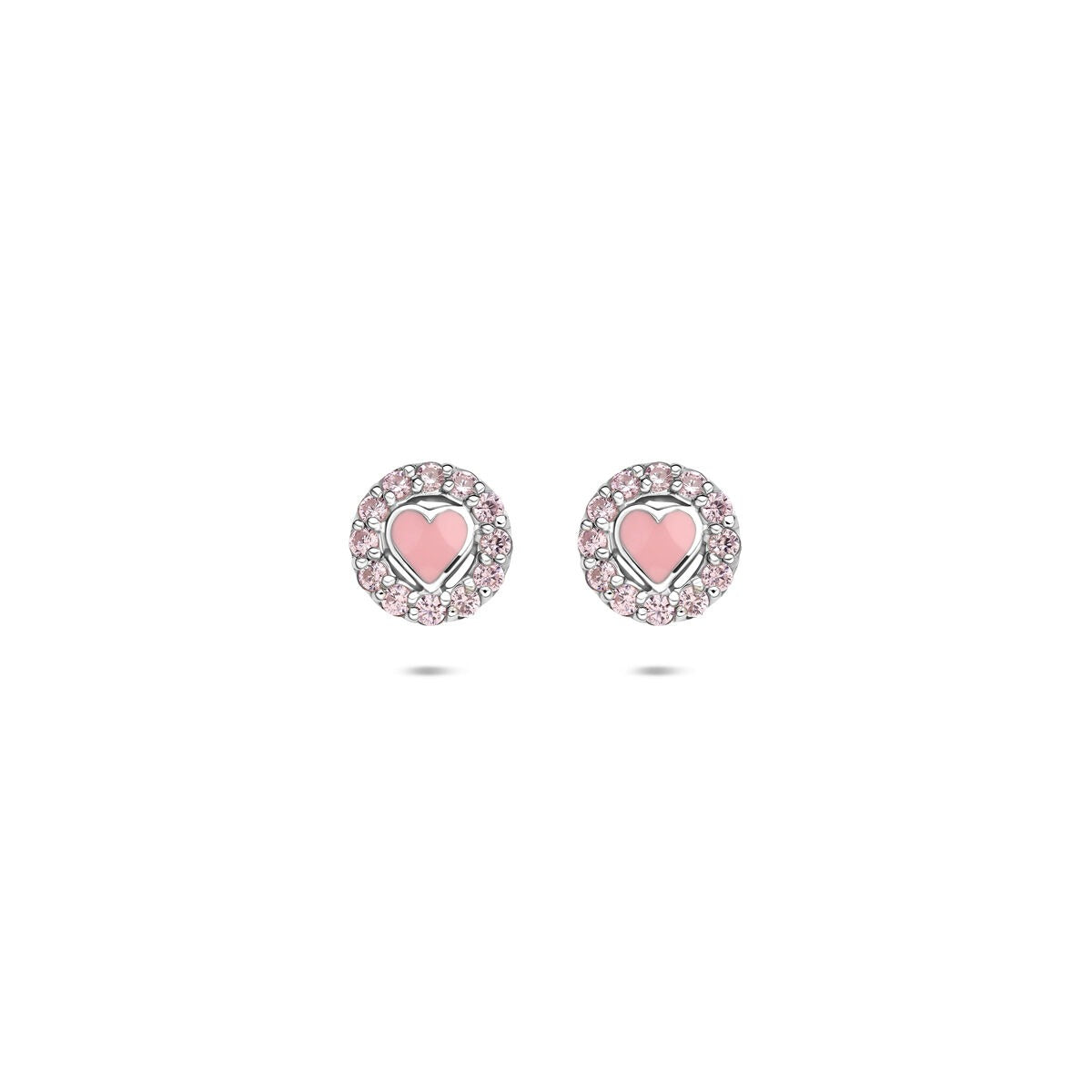 Silberne Ohrstecker mit emailliertem Herz und rosa Zirkonia, Durchmesser 7 mm