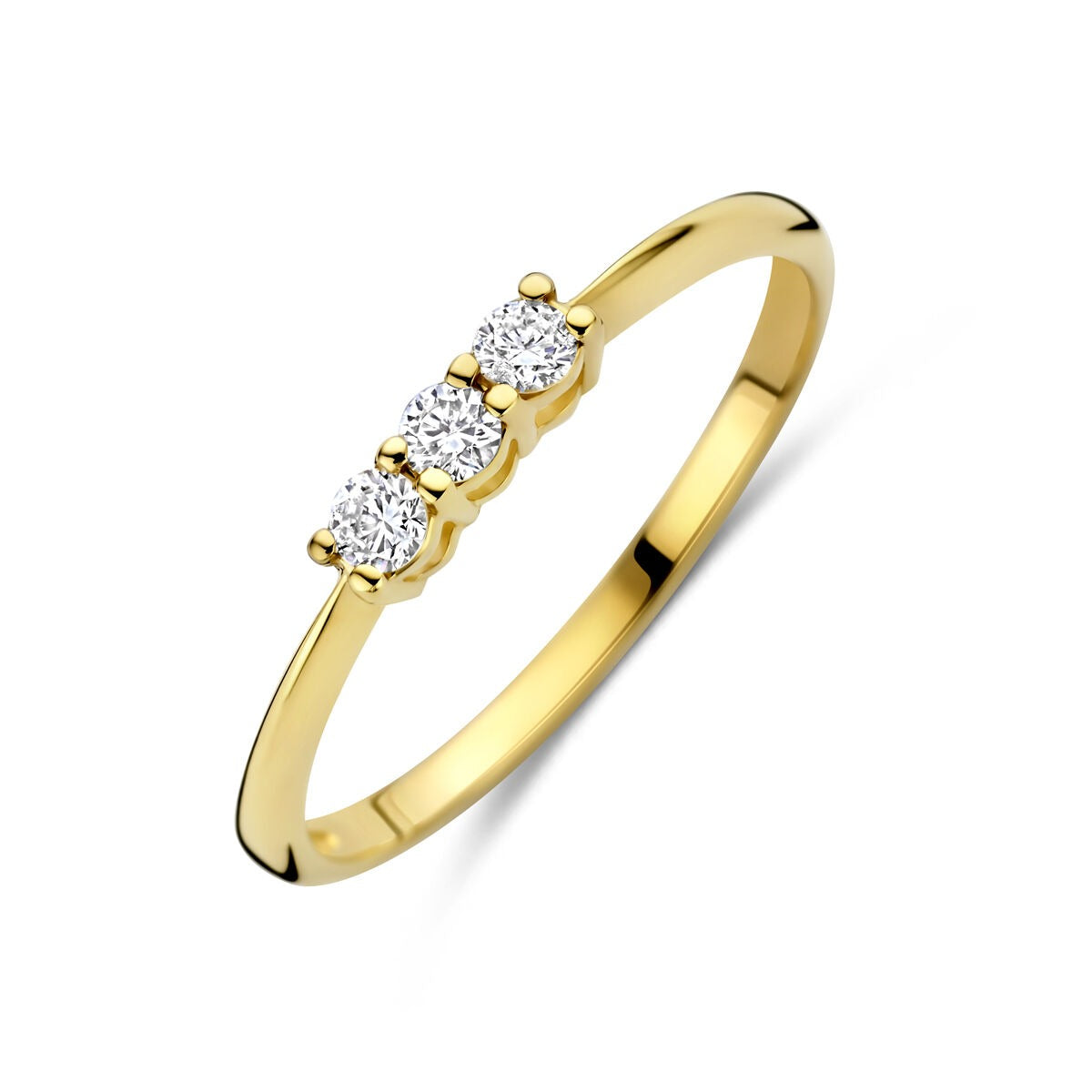Ring aus 14k Gelbgold mit drei lab-grown Diamanten in einer klaren Anordnung