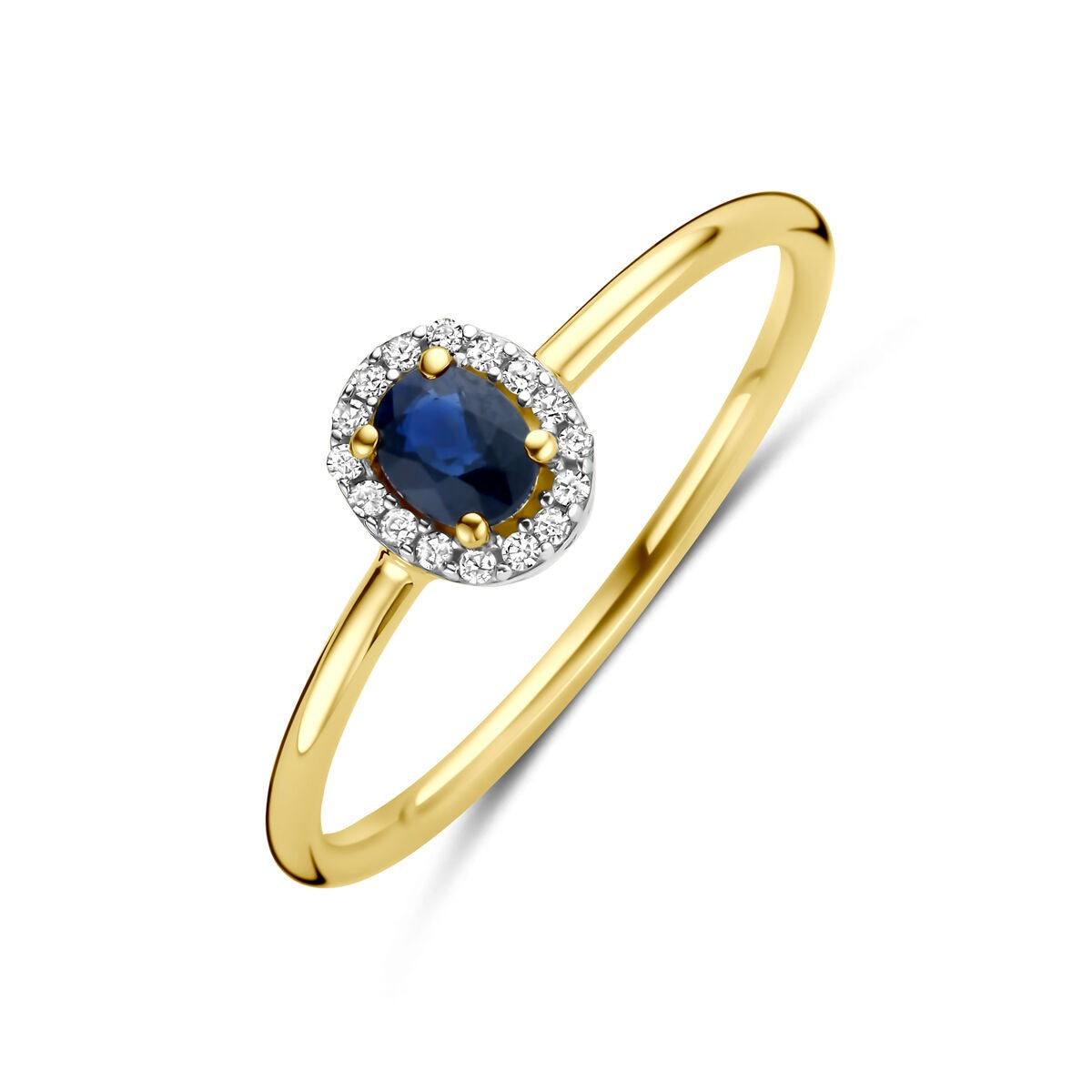 Ring aus 14 Karat Gold mit ovalem Saphir und Diamanten im Pavé-Setting