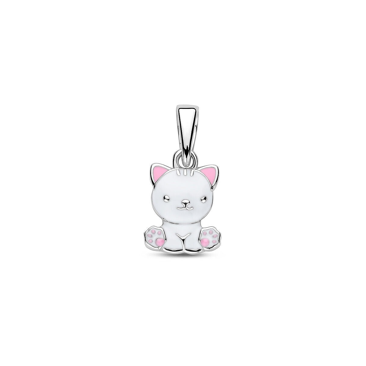 Hänger in Form einer sitzenden Katze aus rhodiniertem 925 Silber mit weißer und rosa Emaille.