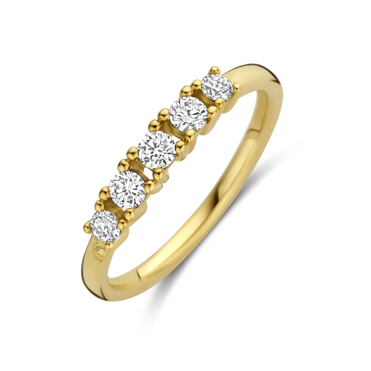 Damenring aus 14k Gelbgold mit fünf lab-grown Diamanten in verschiedenen Größen