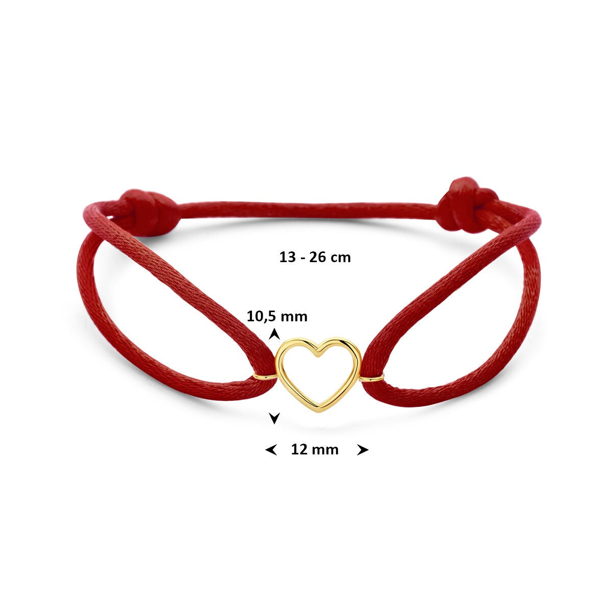 Rotes Satinarmband mit 14k Gelbgoldherzchen
