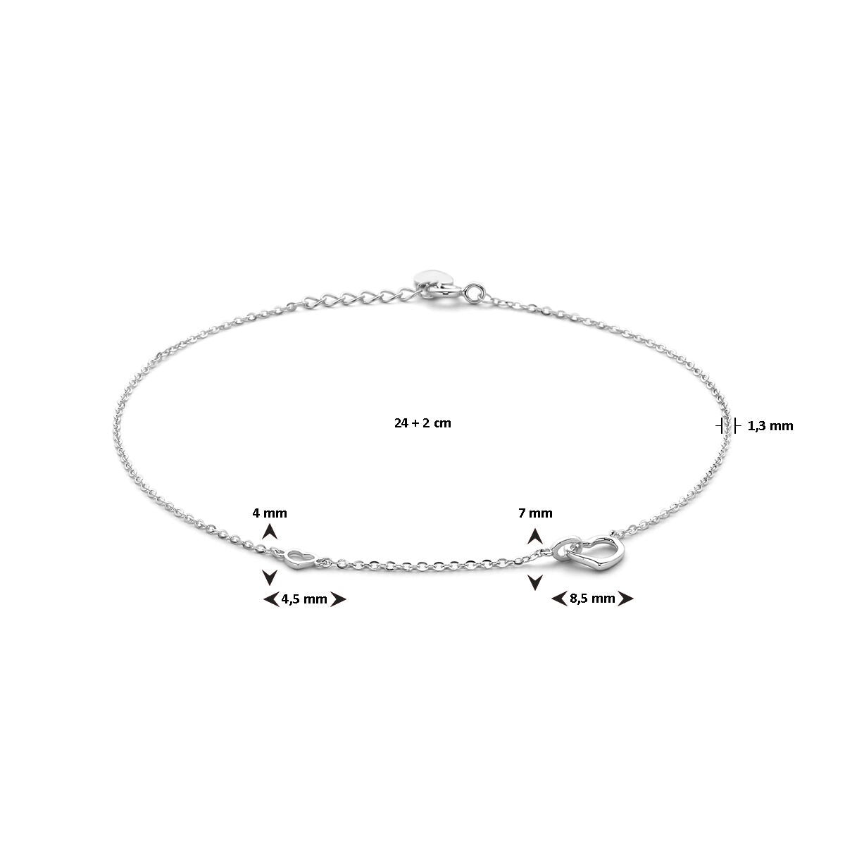 Silbernes Fußkettchen mit Herzchen – rhodiniertes 925er Silber, 24–26 cm