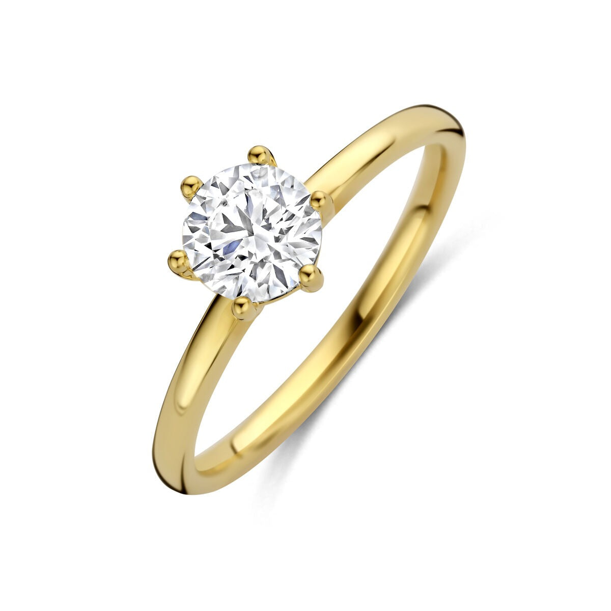 Ring aus 14k Gelbgold mit rundem, lab-grown Diamanten in sechsklammriger Fassung