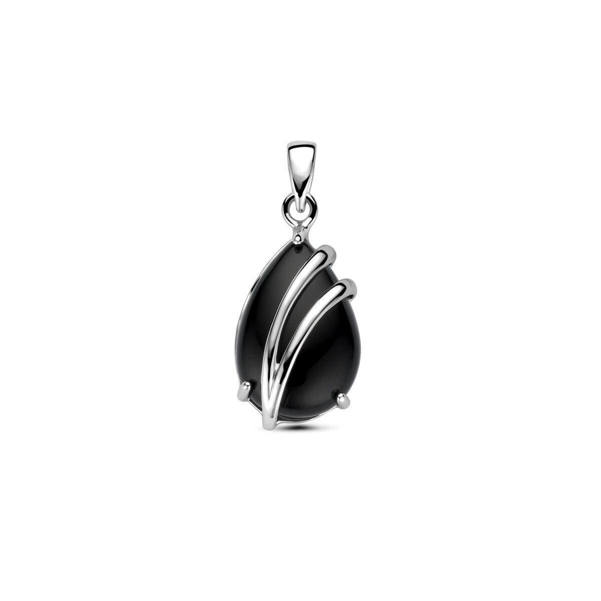 Hänger aus rhodiniertem 925 Silber mit tropfenförmigem Onyx und geschwungenen Details