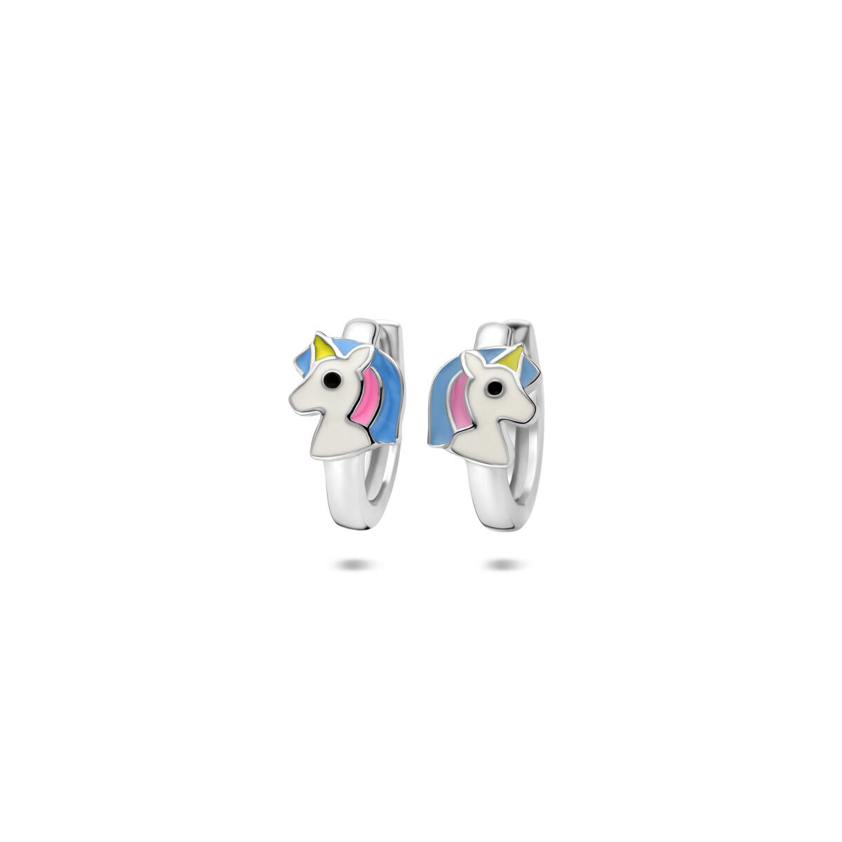 Silberne Klapp-Ohrringe mit buntem Emaille-Einhorn, 13 x 6 mm