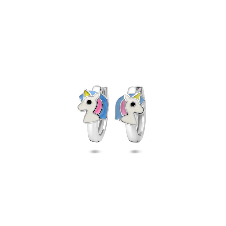 Zilveren kinder klapoorringen met emaille eenhoorn – 13 x 6 mm